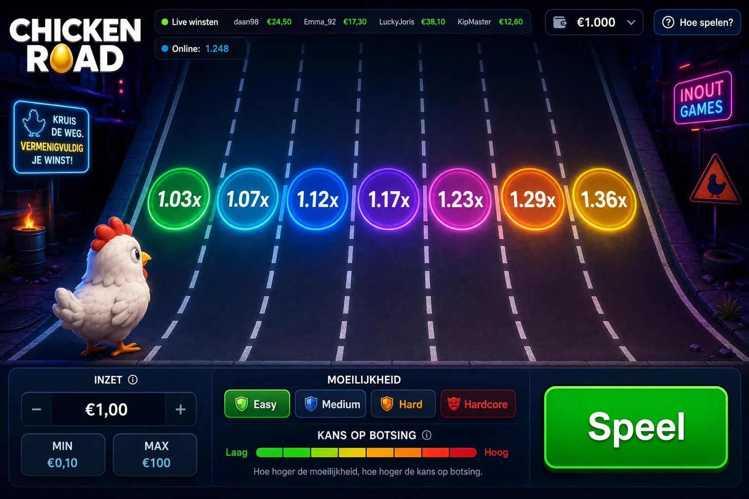 Chicken Road gameplay met kip op de weg en multipliers