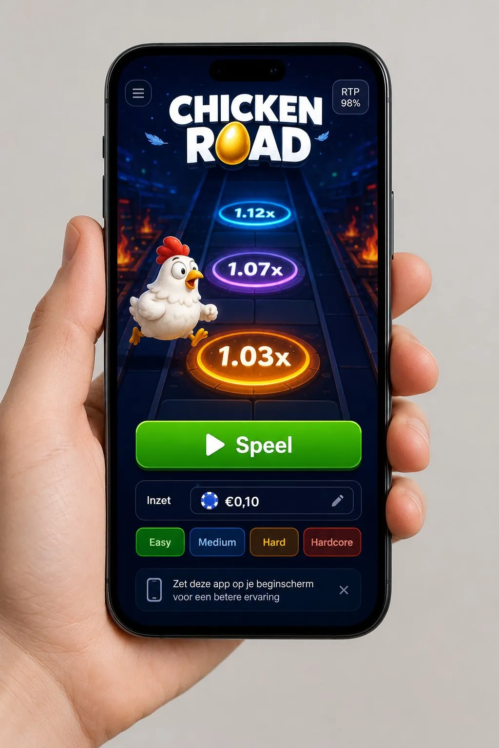 Chicken Road mobiel als PWA in de browser op telefoon